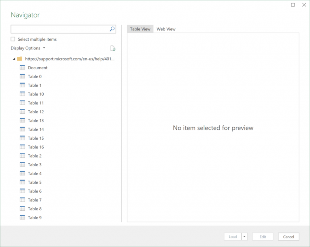 Select Table to load data from