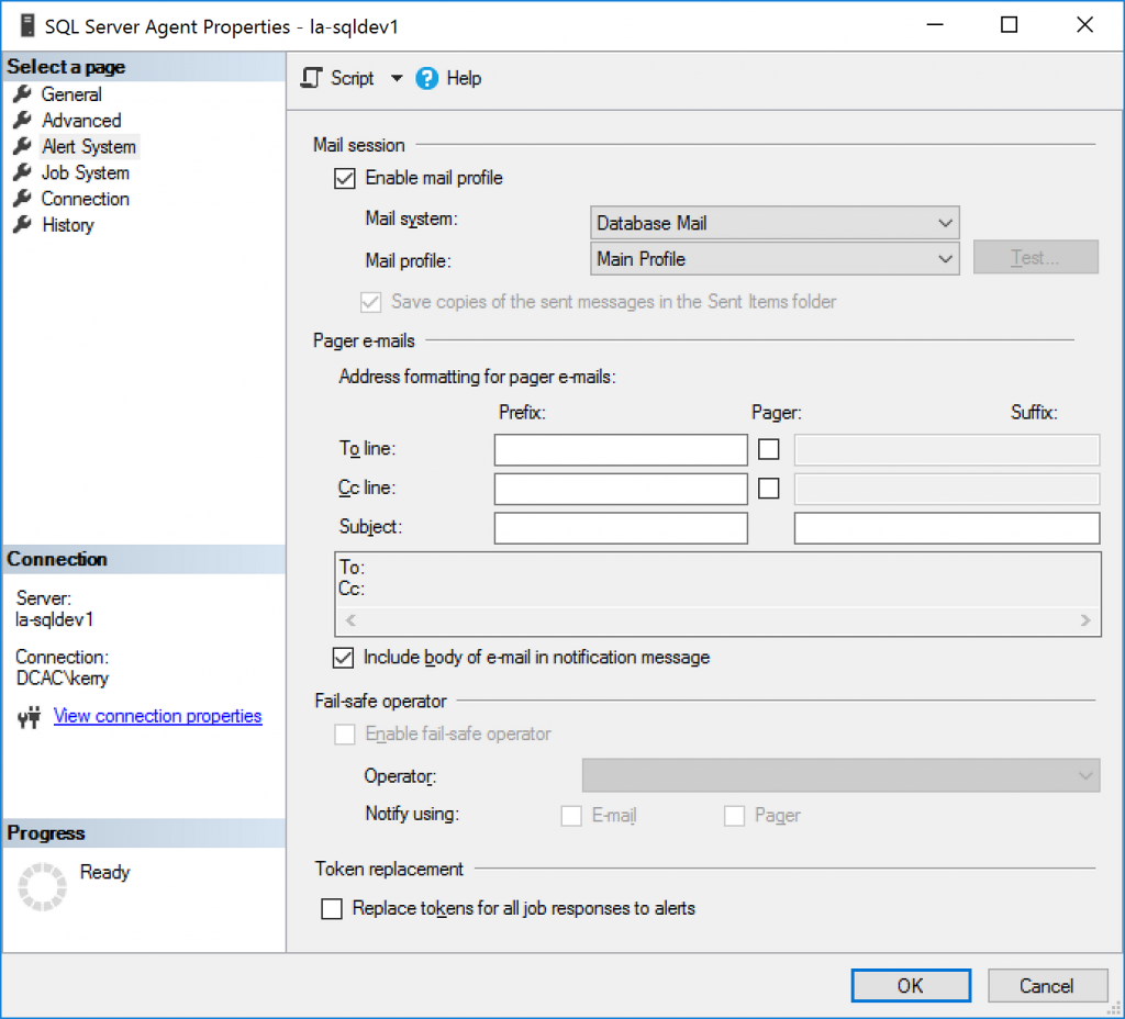 Agent Properties dialog showing Mail Settings