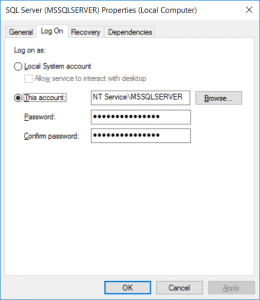 SQL Server service dialog, Log On tab